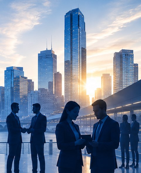 Business professionals networking with the city skyline behind them
